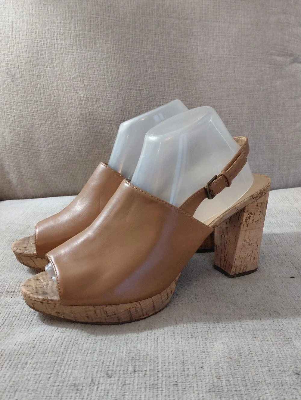 Naturalizer Tan Cork Platform Peep-Toe Block Heel Sandals Size 9.6